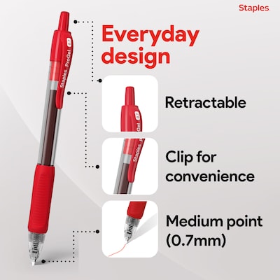 Staples Retractable Gel Pens, Fine Point, Red Ink, 12 Pack – Smooth Writing, Quick-Dry Pens for Notes, Editing & Office Use