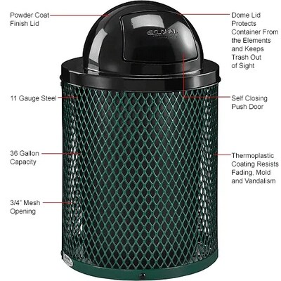 Global Industrial Outdoor Steel Diamond Trash Can w/ Dome Lid, 36 Gallon, Green (261948GN)
