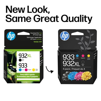 HP 932XL/933 Black High Yield and Cyan/Magenta/Yellow Standard Yield Ink Cartridge, 4/Pack (N9H62FN#140)