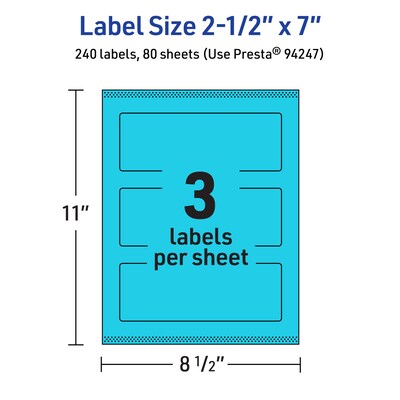 Avery Printable Rectangle Multipurpose Labels, 2.5" x 7", Bright Blue, 240/Box (94247)