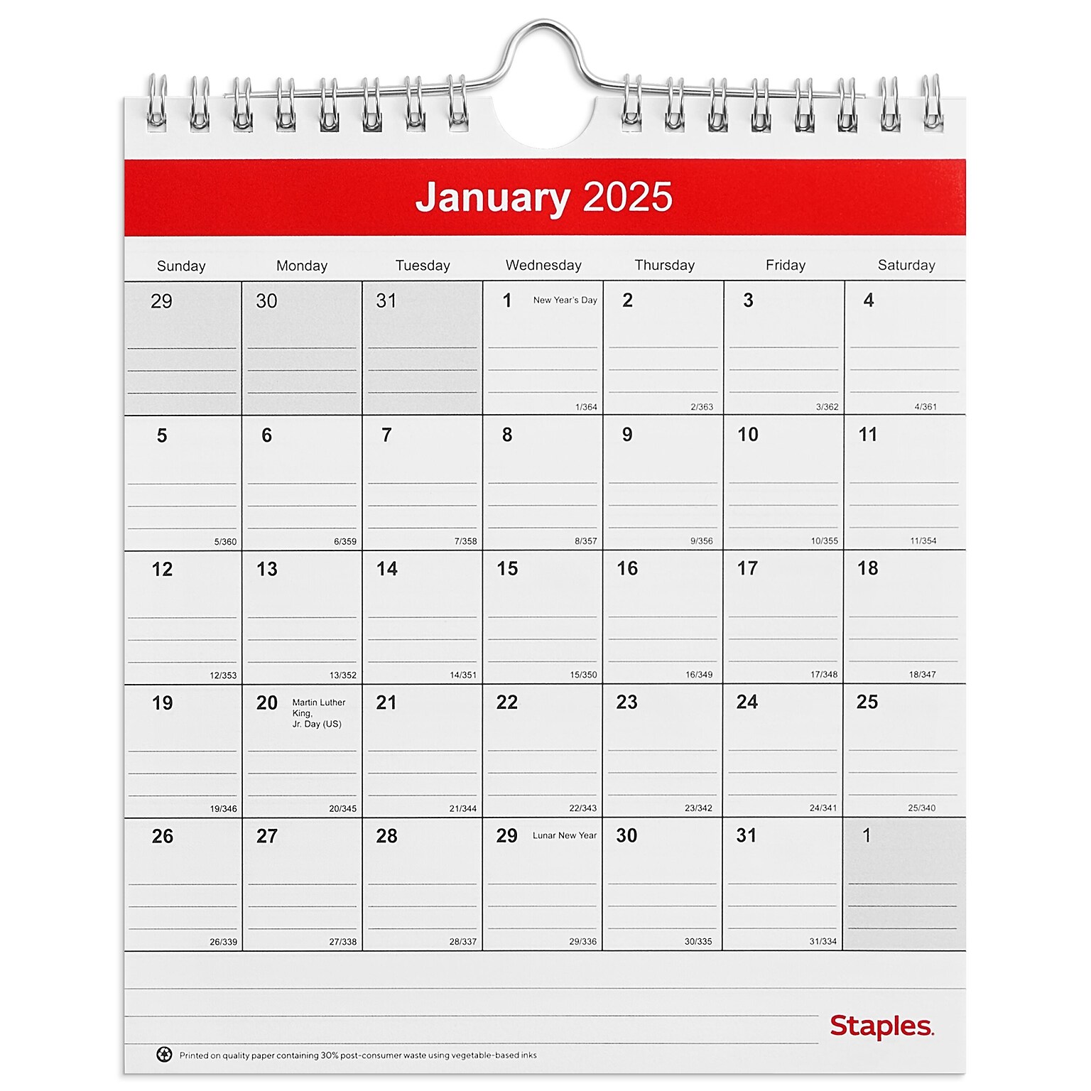 2025 Staples 6 x 7 Wall Calendar, Red/White (ST53923-25)