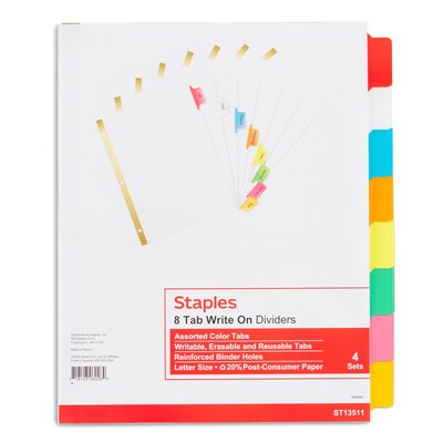 Staples Big Tab Write-On & Erase Dividers, 8-Tab, Assorted Colors, 4 Sets, Reusable Binder Dividers