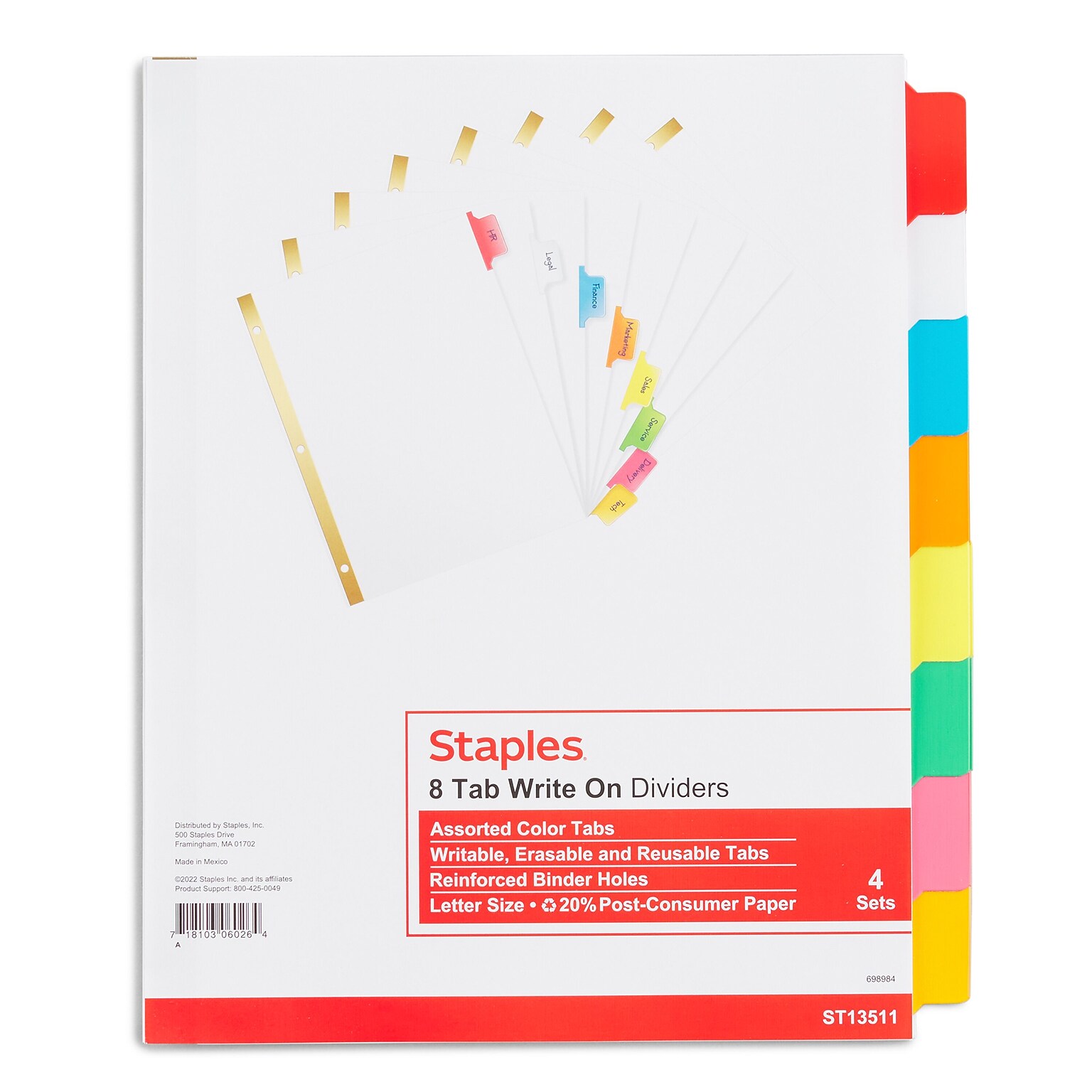 Staples Big Tab Write-On & Erase Dividers, 8-Tab, Assorted Colors, 4 Sets, Reusable Binder Dividers