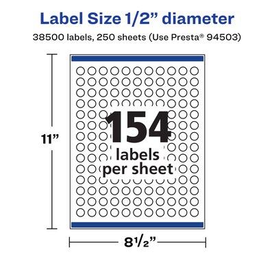 Avery Laser/Inkjet Round Multipurpose Labels, 0.5" Dia., White, 38500 Labels/Box (94503)