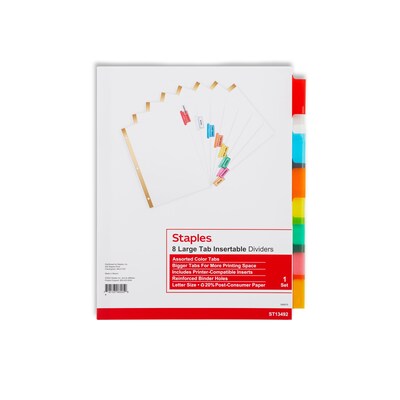 Staples Large Tab Insertable Dividers, 8-Tab, Assorted Colors (13492/11123)