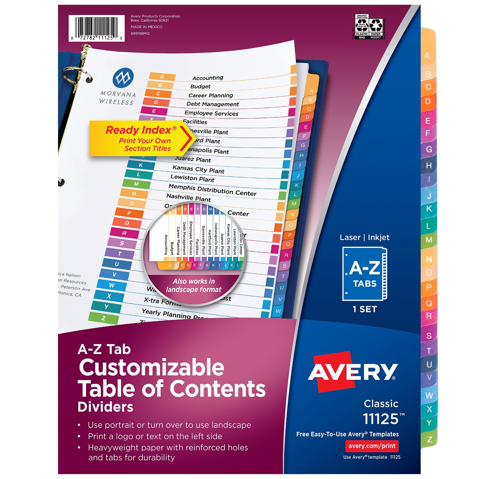 Avery Ready Index Table of Contents Pre-Printed Paper Dividers, A-Z Tabs, Multicolor, 1 Set (11125)
