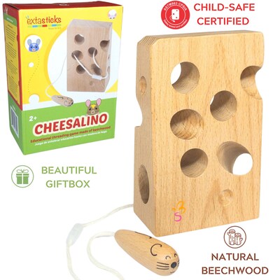 Extasticks Cheesalino Wooden Lacing Cheese and Mouse Toy (EXAE3305)
