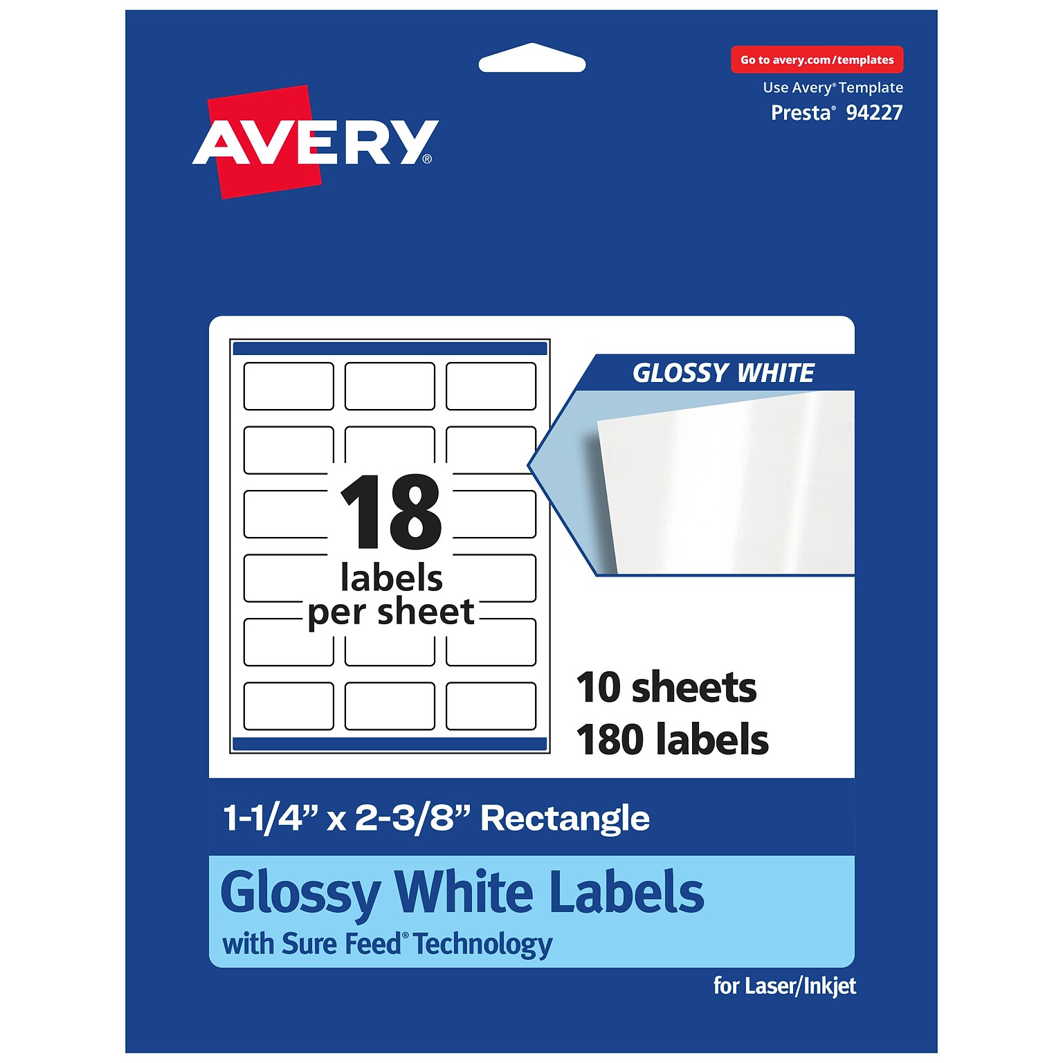 Avery Laser/Inkjet Rectangle Multipurpose Labels, 2.375  x 1.25, Glossy White, 180/Pack (94227)