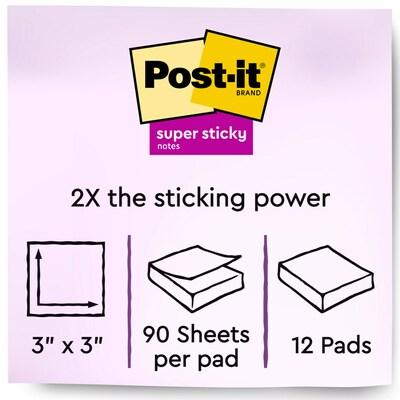 Post-it Super Sticky Notes, 3" x 3", Wanderlust Pastels Collection, 90 Sheet/Pad, 12 Pads/Pack (65412SSNRP)