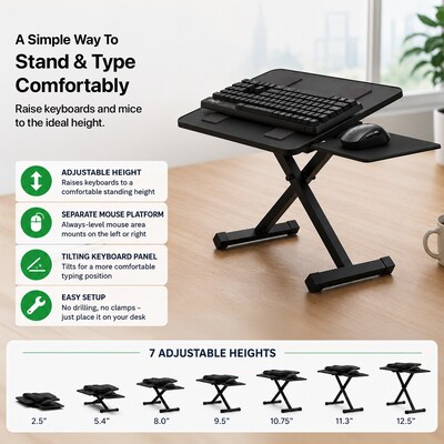 Uncaged Ergonomics KT3 Adjustable Height Keyboard Stand with Mouse Platform for Counters and Workstations, Black