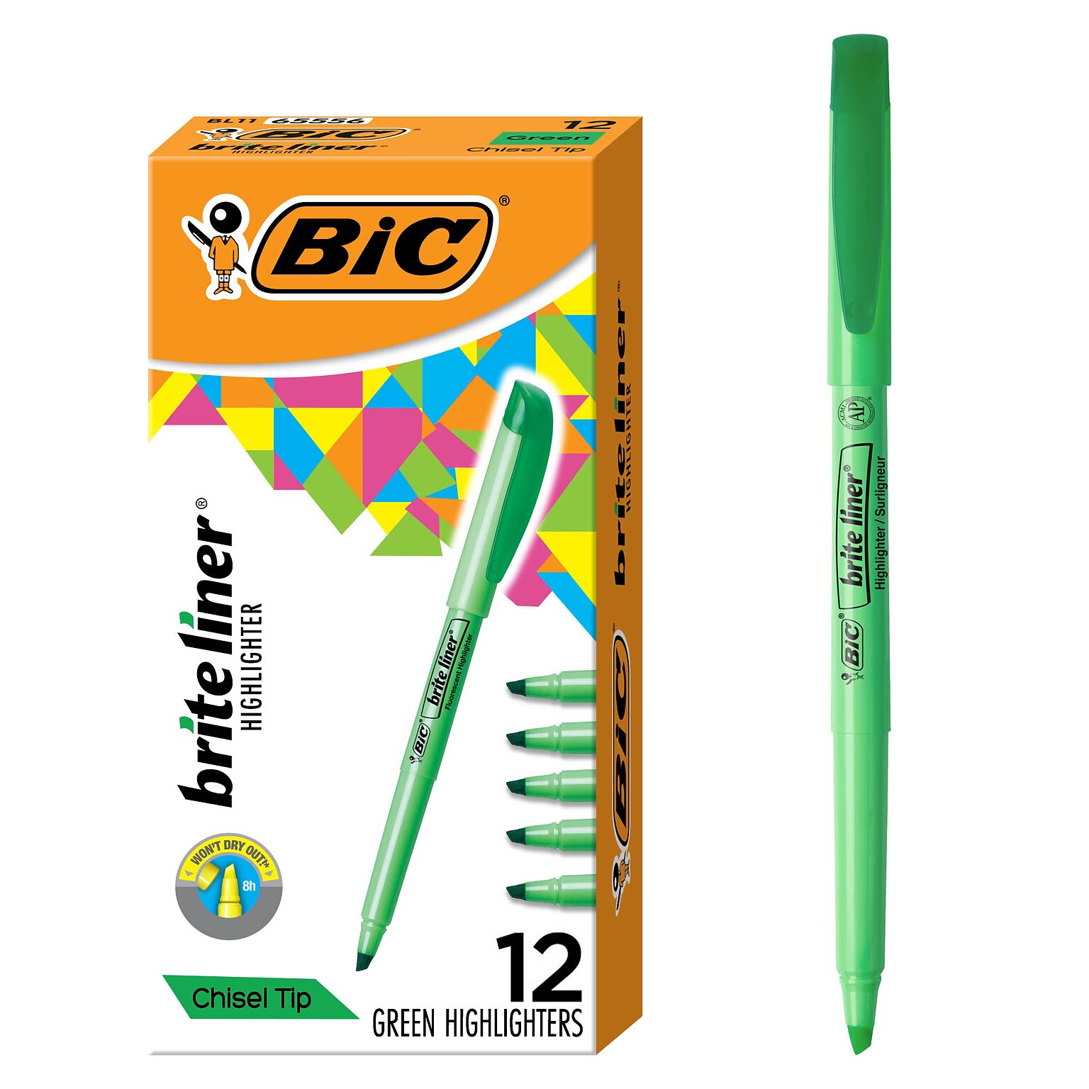 BIC Brite Liner Stick Highlighter, Chisel Tip, Green, 12/Pack (65556/BL11GR)