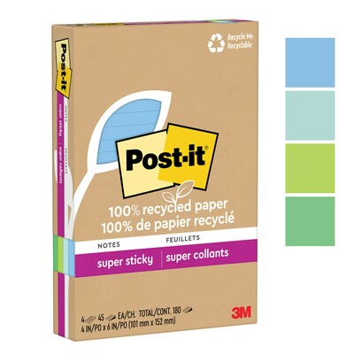 Post-it Recycled Super Sticky Notes, 4" x 6", Oasis Collection, 45 Sheets/Pad, 4 Pads/Pack (4621R-4SST)