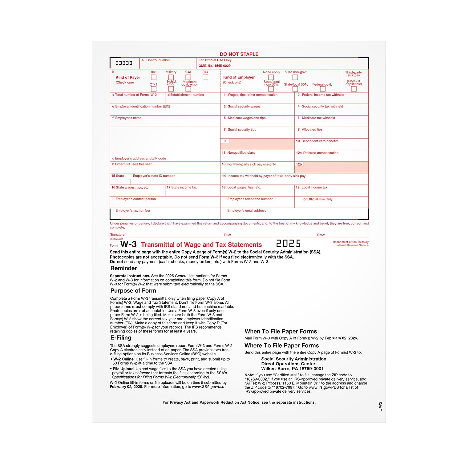 Adams Employees Copies Cut Sheet 2025 W-3 Tax Form, 1-Part, 25/Pack (LW325)