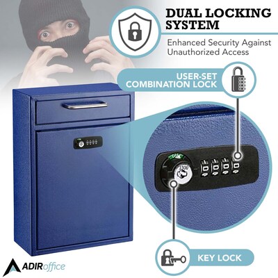 AdirOffice Steel Locking Wall Mounted Drop Box Interoffice Mailbox with Key and Combination Lock , Blue (631-04-BLU-KC-PKG)
