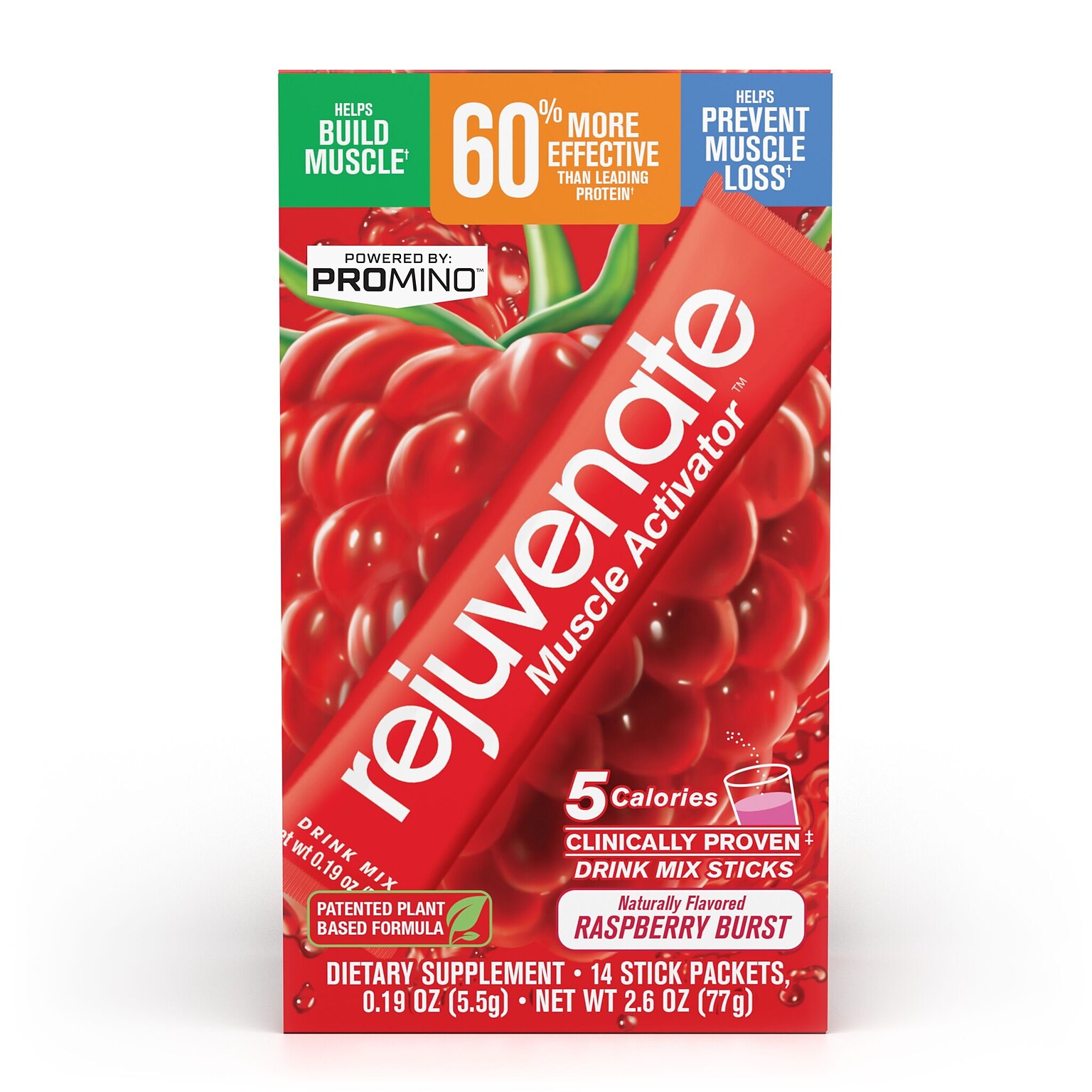 Rejuvenate Muscle Activator Drink Mix Sticks, Single Serving Protein Powder Packets to Go - Raspberry Burst, 14 Count
