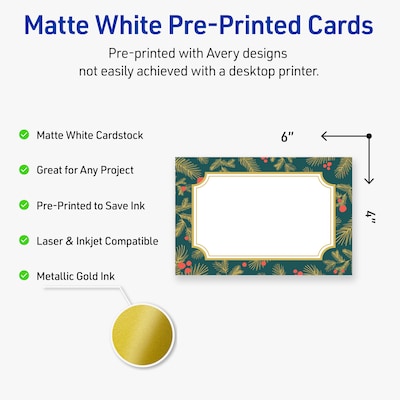 Avery Gold-Teal Berries Matte Blank Card, White, 20/Pack (S00-FF2)