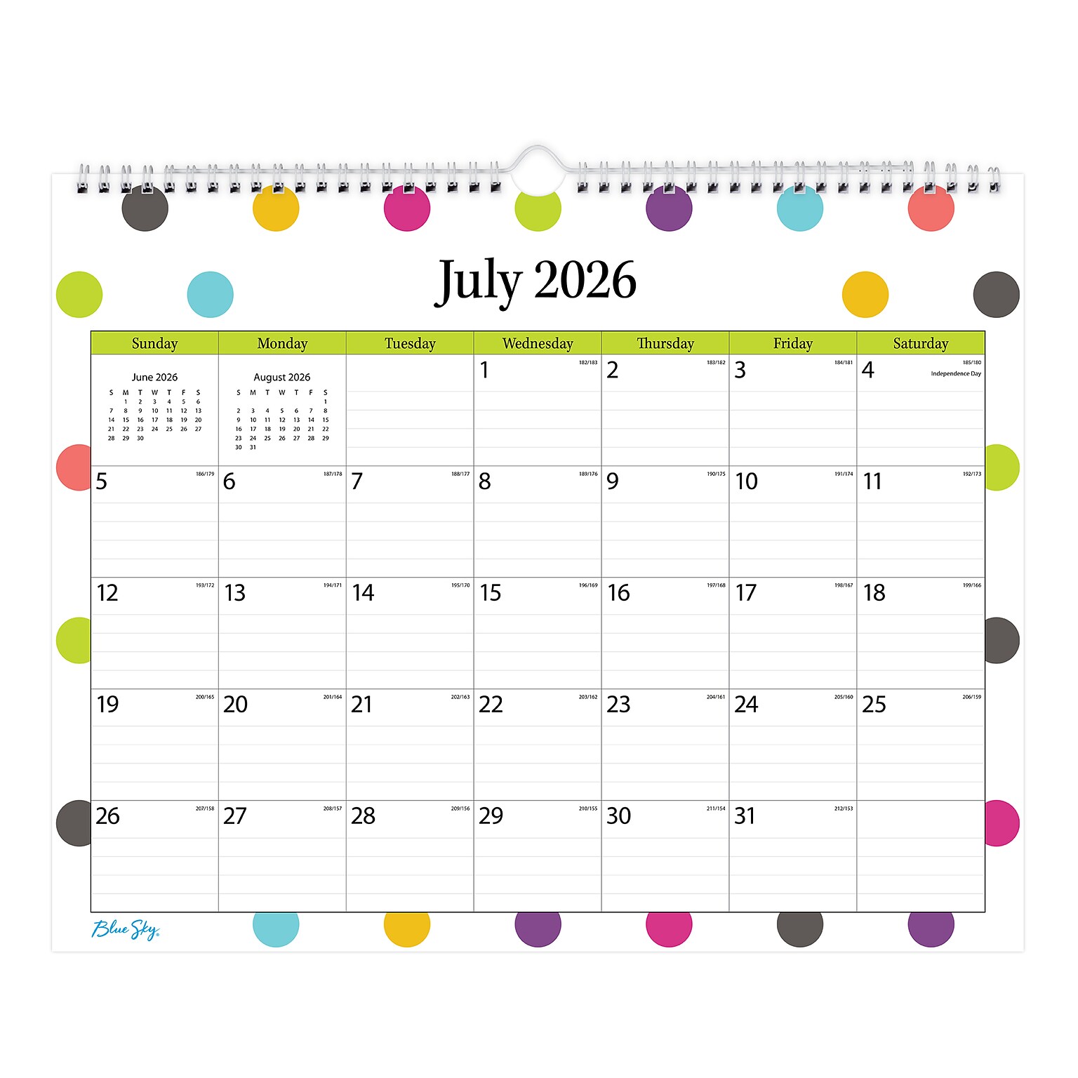 2026-2027 Blue Sky Wirebound Dots 12 x 15 Academic Monthly Wall Calendar, Assorted Colors (100340-A27)