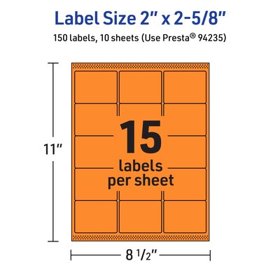 Avery Laser/Inkjet Multipurpose Rectangle Labels, 2" x 2-5/8", Bright Orange, 150/Pack (94235)