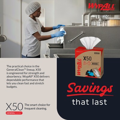 WypAll GeneralClean X50 Cloth Cleaning Wipers, 12.5" x 9.1", White, 168 Wipers/Box, 10/Carton (83550)