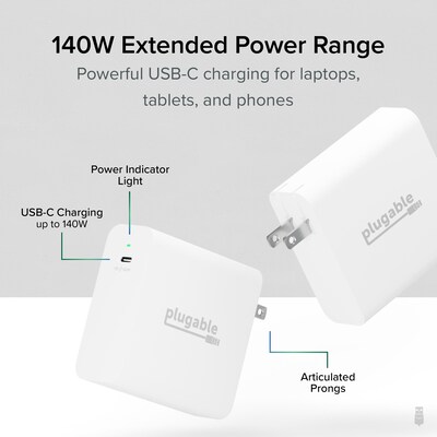 Plugable USB-C Gan Power Adapter, 140W, White (PS-EPR-140C1)