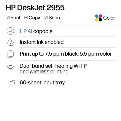 HP DeskJet 2955 Wireless All-in-One Color Inkjet Printer, Scanner, Copier, 3 months free Instant Ink, AI-capable (A24HJA)