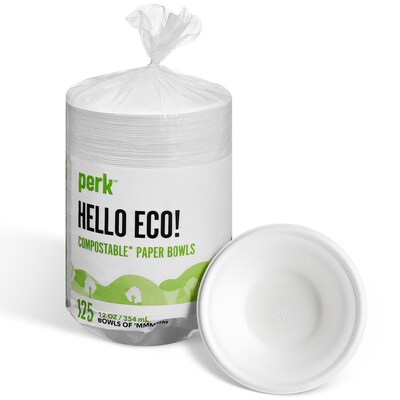 Perk™ Compostable Paper Bowls, 12 Oz., White, 125/Pack (PK61285)