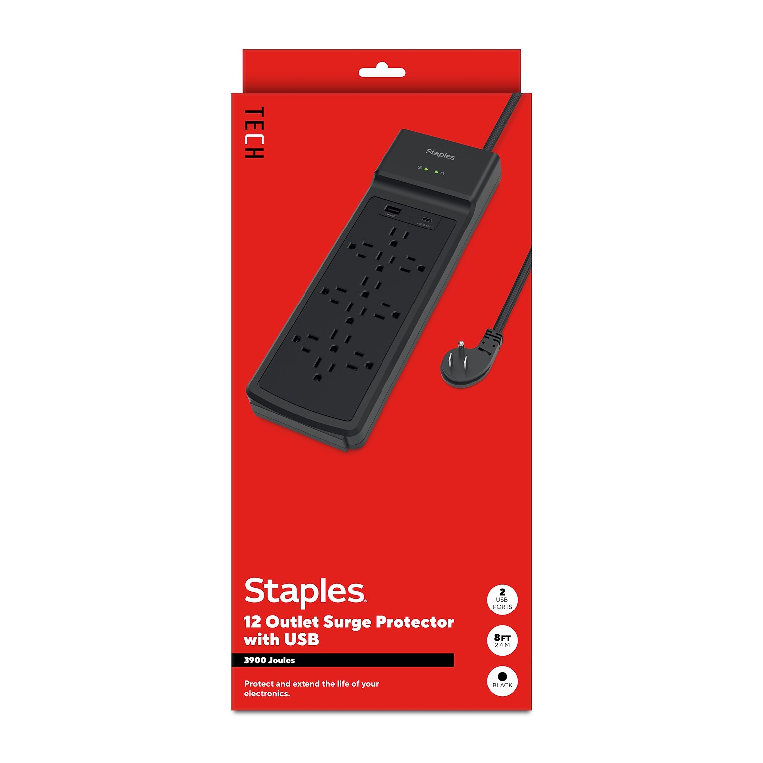 Staples TECH 12-Outlet 2-USB Port Surge Protector, 8, 3900 Joules, Black (ST62774)