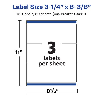 Avery Laser/Inkjet Multipurpose Labels, White, 3 Labels/Sheet, 50 Sheets/Pack (94251-WMP50)
