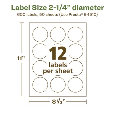 Avery EcoFriendly Laser/Inkjet Circle Multipurpose Labels, 2-1/4" Dia., White, 600/Box (94510)