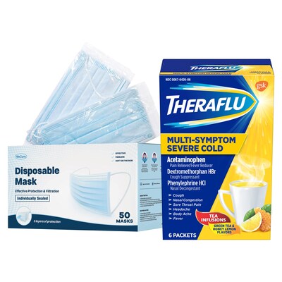 Theraflu Multi-Symptom Severe Cold Hot Liquid Powder Tea Infusions, 6/ct & WeCare Disposable Face Ma