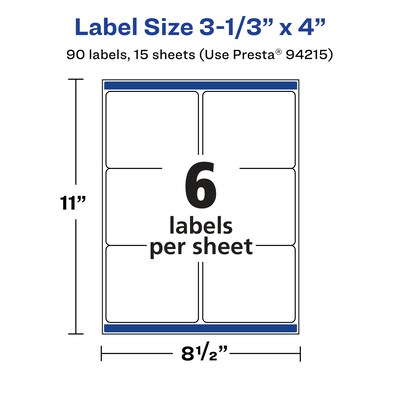 Avery Laser/Inkjet Multipurpose Rectangle Labels, 3.33" x 4", White, 90 Labels/Pack (94215)