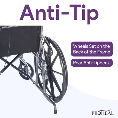 ProHeal Chariot Reclining 24" Wheelchair, Headrest Support w/ Removable Full Arms, 450 lb. Capacity, Black (PH-WCRC24FAELR)