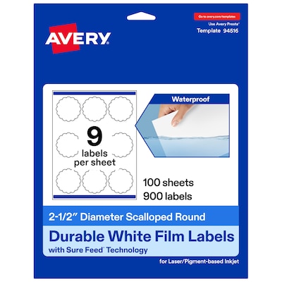 Avery Laser/Inkjet Decorative Edge Waterproof Multipurpose Labels, 2.5  x 2.5, White, 900/Box (94516)