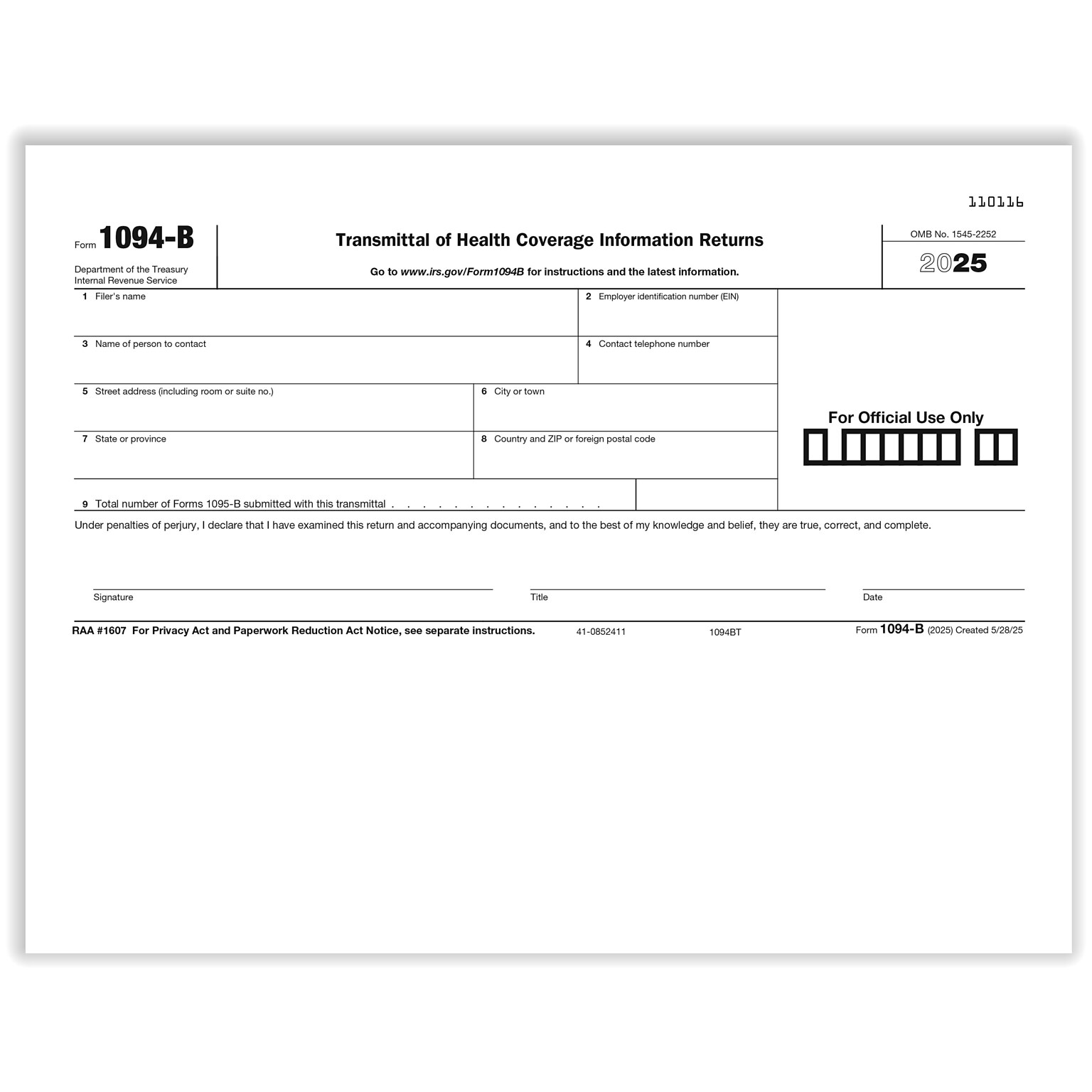 ComplyRight 2025 1094-B Tax Form, 1-Part, White/Black, 50/Pack (1094BT50)