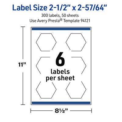 Avery Hexagon Laser Multipurpose Labels, 2-1/2" x 2-57/64", White, 300/Box (19479399170)