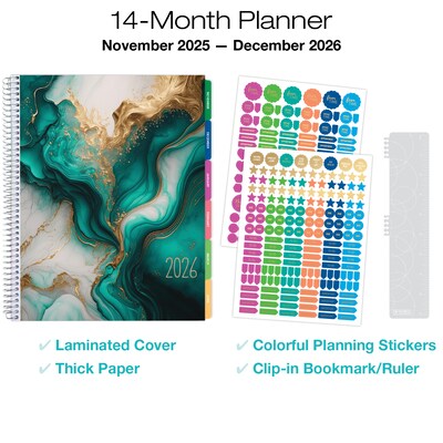 2026 Global Printed Products Teal Gold Marble 8.5 x 11 Weekly & Monthly Planner, Paperboard Cover (NRY26-LAMF-54)