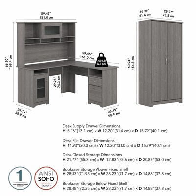 Bush Furniture Cabot 60W Corner Desk with Storage Modern Gray