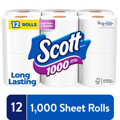 Scott 1-Ply Standard Toilet Paper, White, 1000 Sheets/Roll, 12 Rolls/Case (10060)