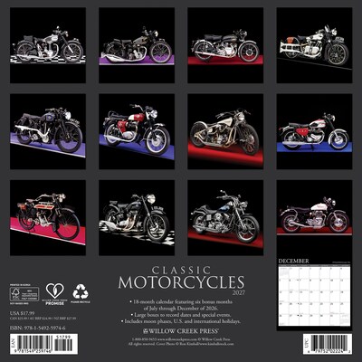 2027 Willow Creek Classic Motorcycles 12 x 12 Monthly Wall Calendar, Assorted Colors (59746)