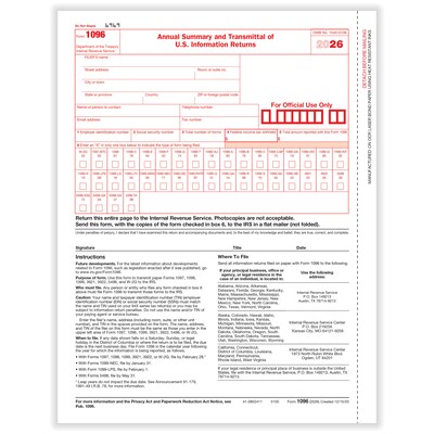 ComplyRight 2026 1096 Tax Form, 1-Part, Transmittal, 25/Pack (510025)