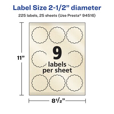 Avery Pearlized Ivory Decorative Edge Multipurpose Labels, 2.5" Dia., Ivory, 225/Pack (94516)