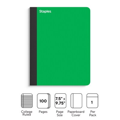 Staples Premium Composition Notebook, 7.5 x 9.75, College Ruled, 100 Sheets, Green (TR58345)