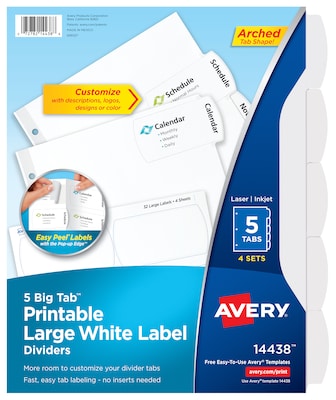 Avery Big Tab Printable Paper Dividers with Large White Labels, 5 Tabs, White, 4 Sets/Pack (14438)