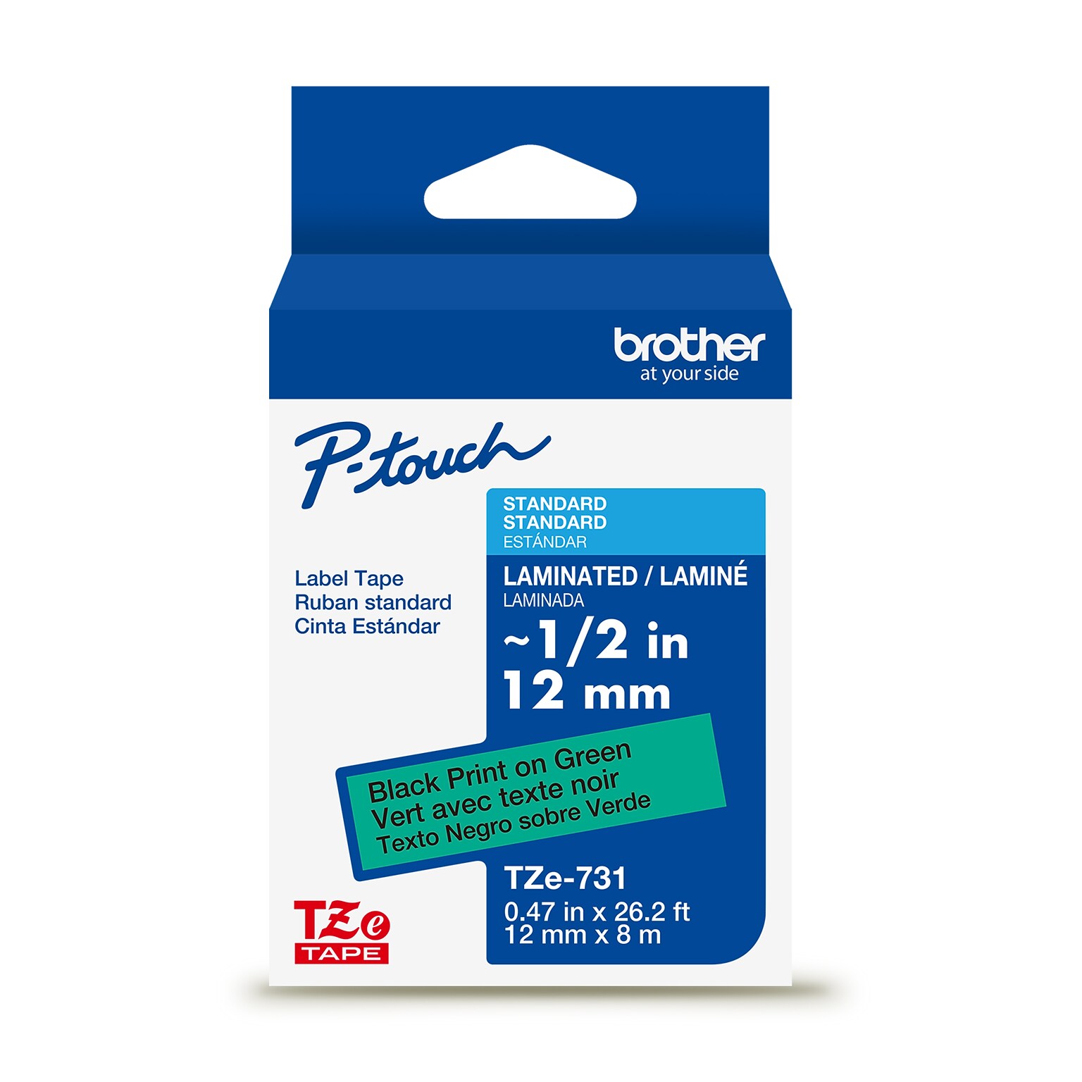 Brother P-touch Laminated Label Tape, 1/2 x 26.2, Black on Green (TZe731)
