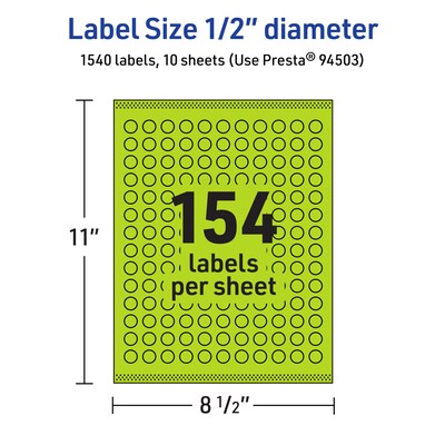 Avery Laser/Inkjet Multipurpose Circle Labels, 0.5" Dia., Bright Green, 1540/Pack (94503)