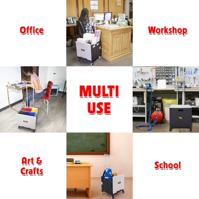 Dbest Quik Cart Swing Lid Four Swivel Wheeled Rolling Crate Teacher Utility with Seat, Black/Grey (01-910)