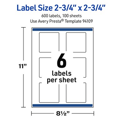 Avery Square Laser Multipurpose Labels, 2.75" x 2.75", White, 600/Box (19479399491)