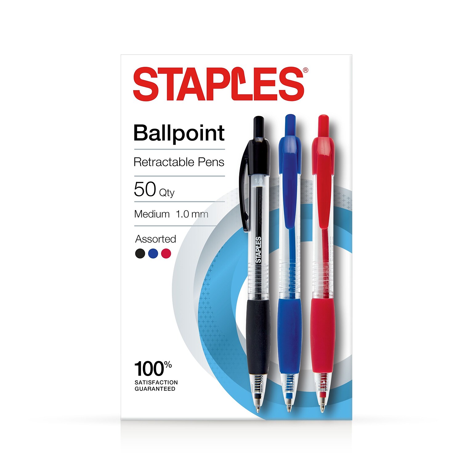 Staples Ballpoint Retractable Pens, Medium Point, Assorted Ink, 50/Pack (50371)