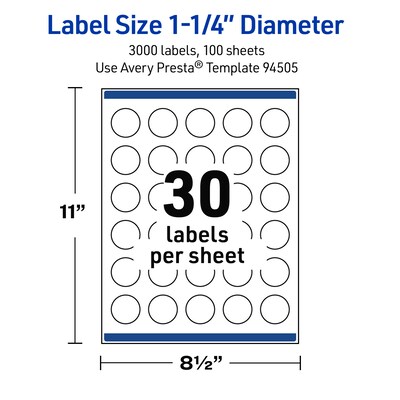 Avery Round Laser Multipurpose Labels, 1.25" Dia., White, 3000/Box (19479399423)