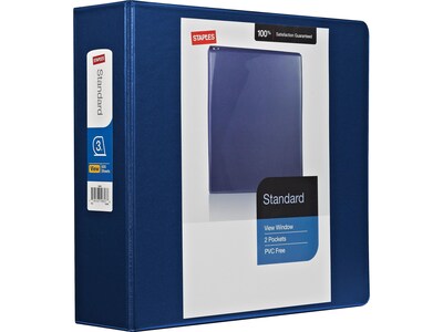 Staples Standard 3-Inch 3-Ring View Binder, Holds Up to 600 Sheets, Blue, Large Capacity Binder for Office & School